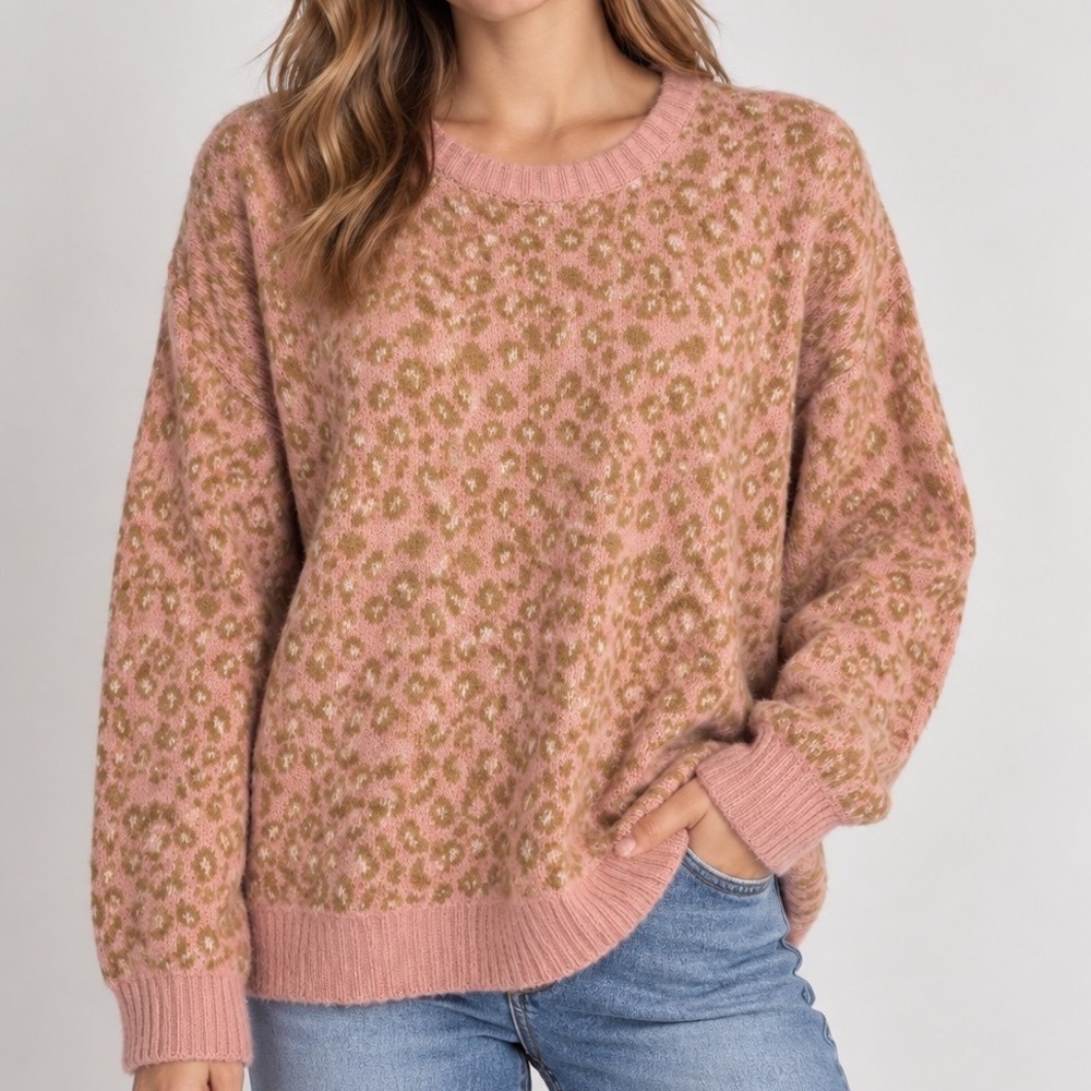 &Merci 100% Mohair Leopard Sweater Small Pink Tan Animal Print Fuzzy Knit